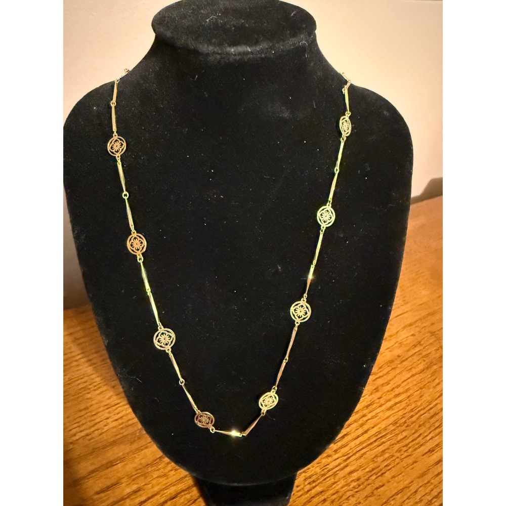 Avon Gold Tone Floral Filigree Station Bar Link Necklace Vintage‎ 26 Inch